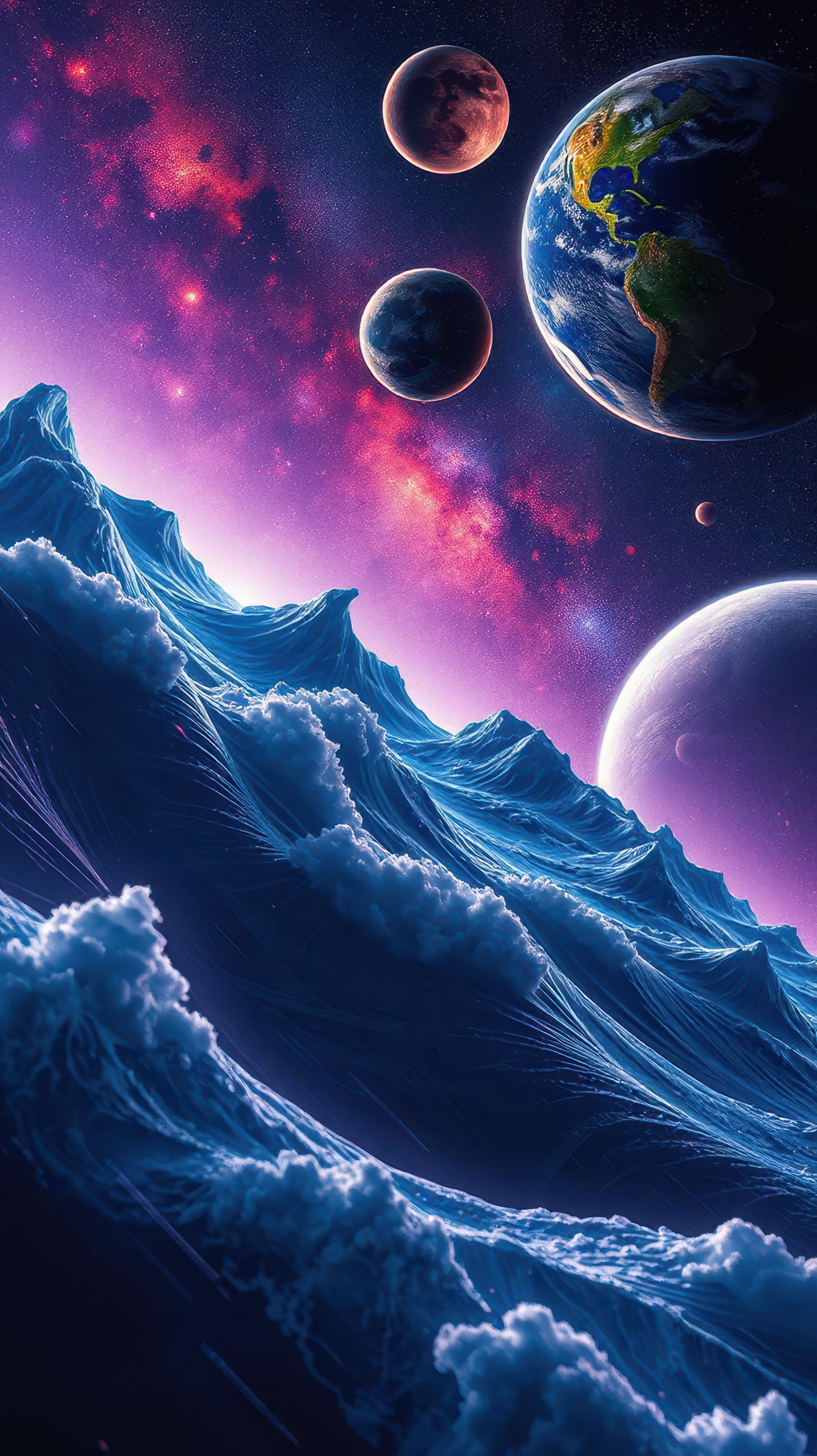 Surreal cosmic landscape featuring waves and planets in a vibrant galaxy